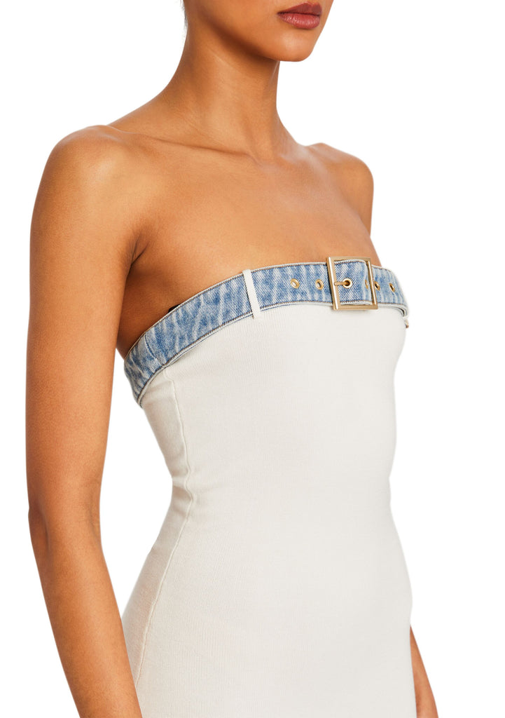 white christmas dresses Ryanne Denim Tube Dress – White, Rosette Halter, Corset White / L