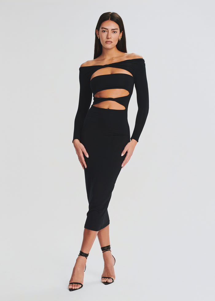 Black Lotus Dress with off the shoulder neckline and cutout midriff panels on a model.