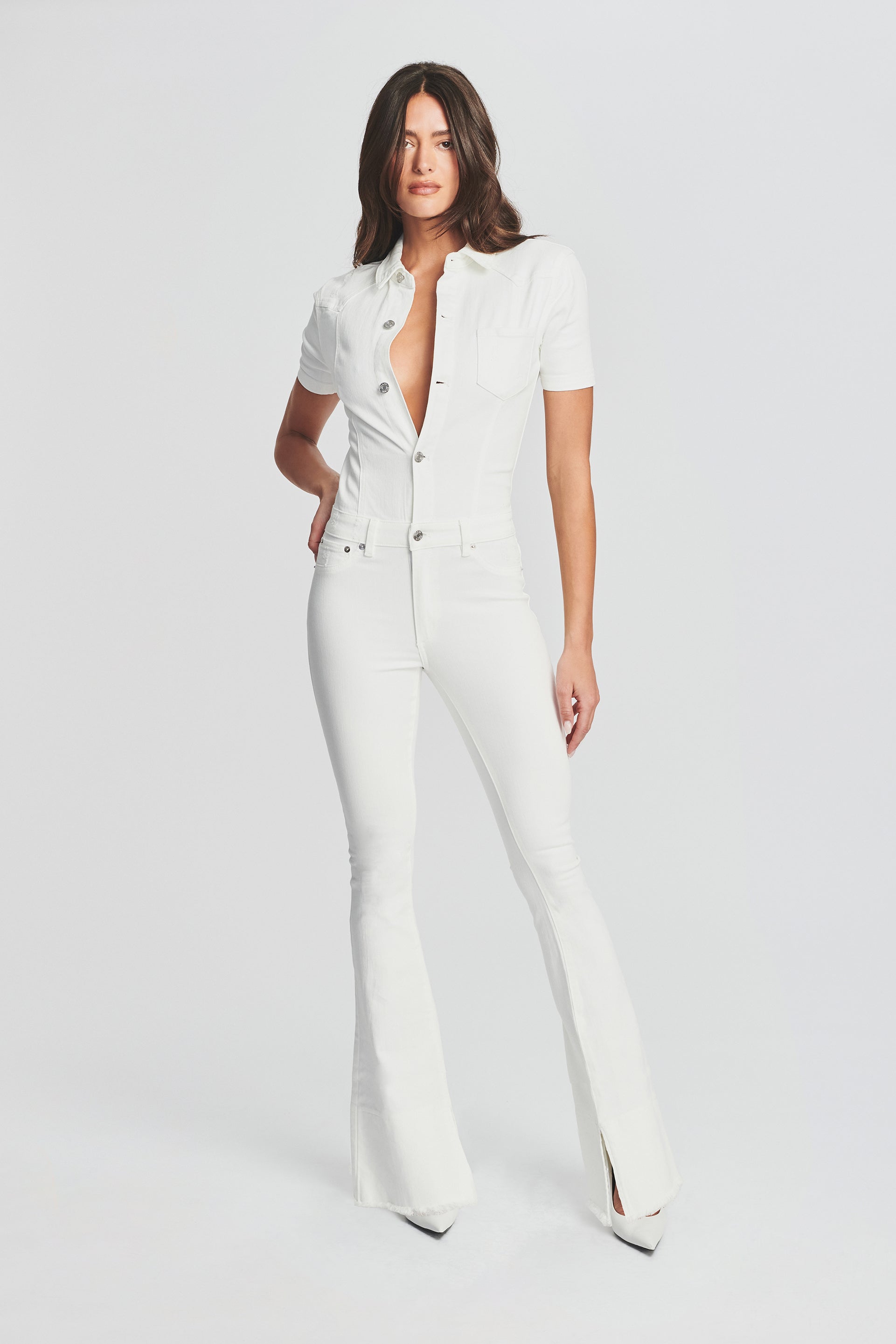 White shop jean jumpsuit