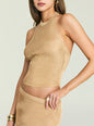 Minnie Metallic Knit Halter Top close up on model highlighting metallic ribbed fabric. thumbnail image 3 of 5