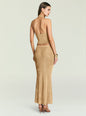 Back view of Minnie Metallic Knit Halter Top paired with a matching metallic skirt on a model. thumbnail image 5 of 5