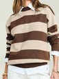 Bryn Knit Sweater with bold beige and brown stripes layered over a white collared shirt. thumbnail image 3 of 6
