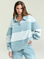 Model wearing a light blue Cher Denim Top with a collar and relaxed two tone denim design thumbnail image 1 of 6