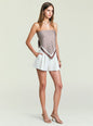 Back view of Hark Satin Top tied in a bow at the center back with light shorts thumbnail image 4 of 5