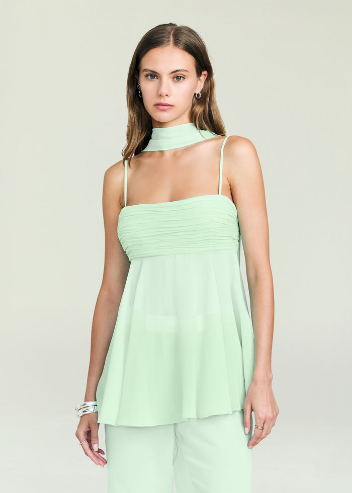 Tamara Top in mint green with ruched bust, thin straps, and a neck scarf.