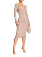 Beige Irene Dress with long sleeves a twisted neckline and chest cutout on a model thumbnail image 1 of 4