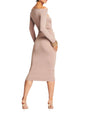 Irene Dress beige off shoulder dress shown from the back on a model. thumbnail image 4 of 4