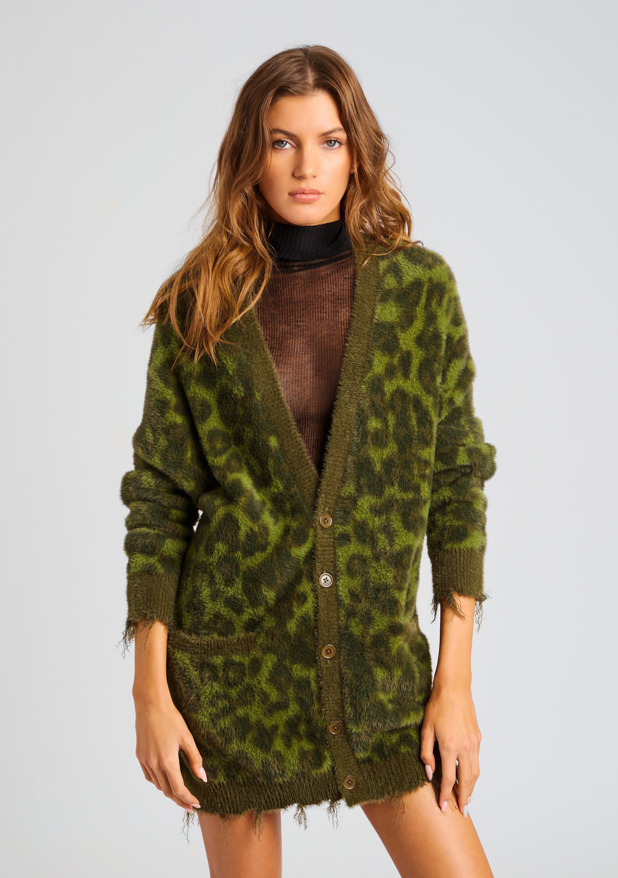 Green leopard cheap print cardigan