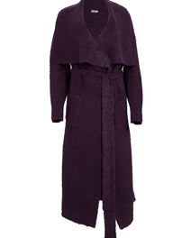 Rue Boucle Cardigan in deep plum with belt at waist and textured boucle knit