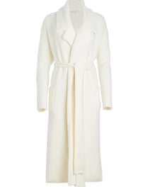 Cream Athena Boucle Robe belted coat with wide lapels and textured boucle fabric.