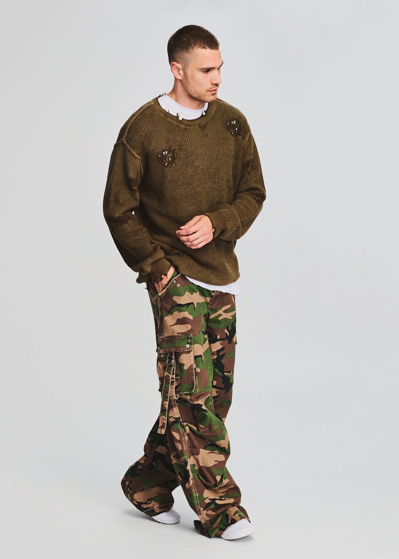 Grey Camo Print Cargo Trousers - Janes Stall