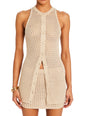 Beige knit crochet mini skirt with an open stitch pattern and front button detailing. thumbnail image 5 of 5