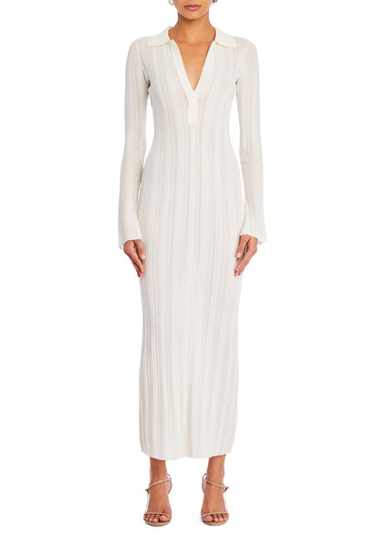 【ADANOLA】Rib Knit V Neck Dress Rib Knit V Neck Dress - Butter Yellow/Marshmallow White