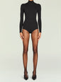 Front view of Rei Knit Romper in black ribbed knit with a high neck and front center zipper thumbnail image 5 of 5