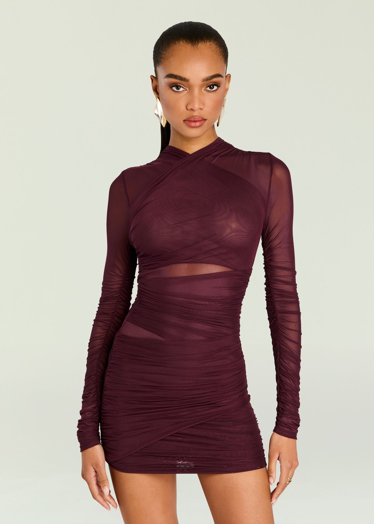 SEROYA Moxey Ruched Mesh Mini Dress in Wine