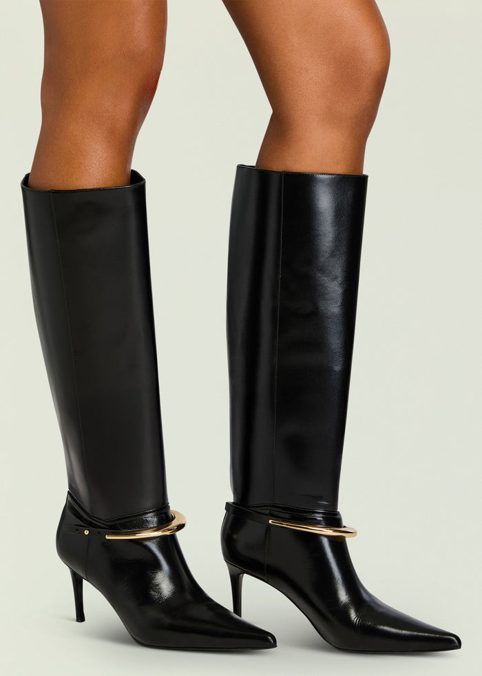 Sancia Boot tall brown glossy knee high boot with ankle strap and gold ring hardware