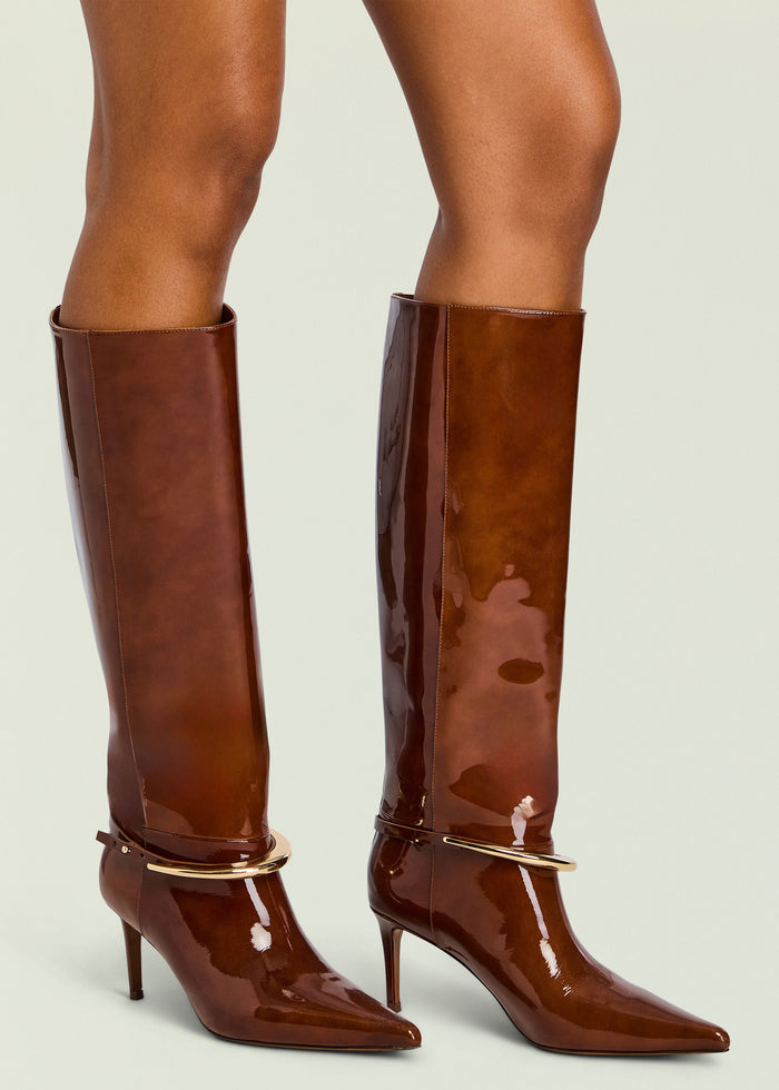 Sancia Boot knee high glossy brown boots with pointed toe and slim stiletto heel