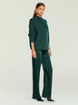 Emerald Viva Satin Pant look with a chunky dark green knit sweater and black pointed heels thumbnail image 4 of 5