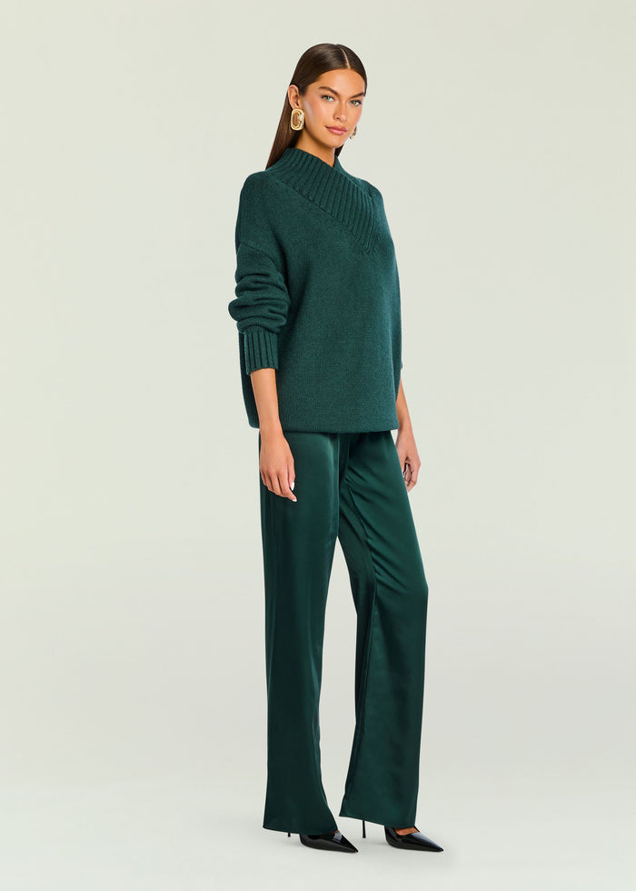 Emerald Viva Satin Pant look with a chunky dark green knit sweater and black pointed heels