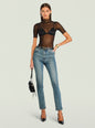 Model wearing Gail Bodysuit a black sheer mesh bodysuit over a bralette with blue jeans thumbnail image 5 of 5