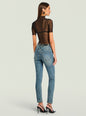 Back view of Gail Bodysuit worn with jeans, sheer black short sleeves and back strap hardware. thumbnail image 4 of 5
