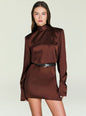 Angrea Dress in deep brown satin with a high neckline and a waist belt. thumbnail image 5 of 5