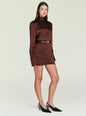 Angrea Dress in brown satin with back neck bow and waist belt shown from a side angle thumbnail image 3 of 5