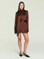 Angrea Dress in brown satin with high neck long sleeves waist belt and an asymmetric wrap hem thumbnail image 1 of 5