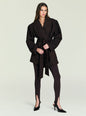 Front view of a dark brown suede jacket with a dramatic wide shawl collar and a belt tied at the waist. thumbnail image 5 of 5
