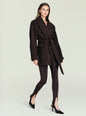 Model wearing a dark brown suede belted coat with a large collar and patch pockets. thumbnail image 3 of 5