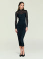 Emilyn Midi Dress on a model featuring sheer long sleeves and a ruched front panel thumbnail image 1 of 5