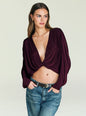 Jerome Top burgundy wrap top with a deep V neckline tied at the front worn with jeans thumbnail image 1 of 5