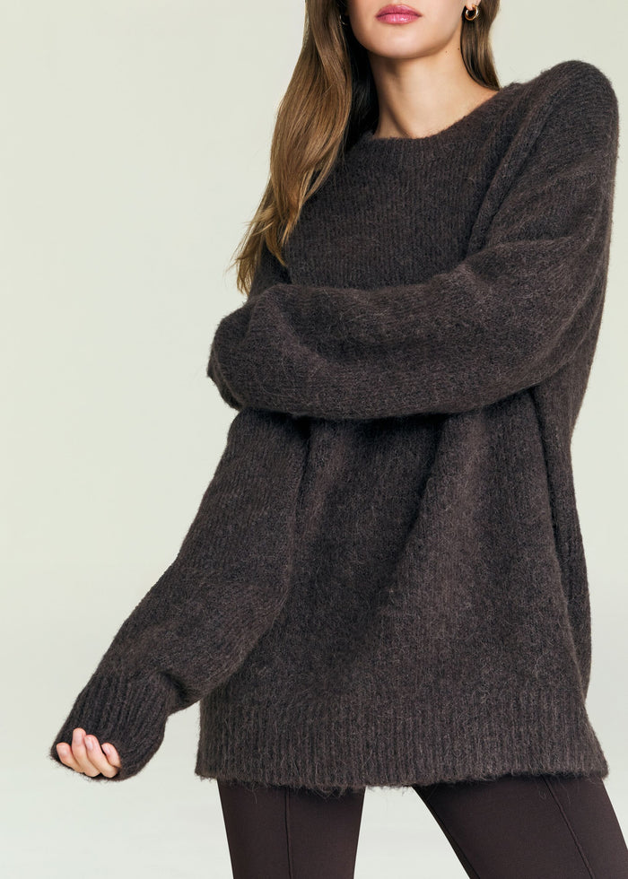 Model wearing a dark brown fuzzy May Sweater with a relaxed fit.