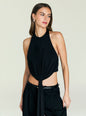 Laura Top black halter neck with a draped front knot on a model thumbnail image 1 of 5