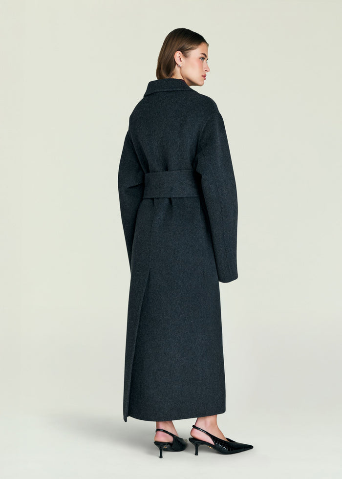 Lyli Wool Coat back view in dark charcoal wool with a wide belt at the waist