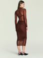 Back view of Thessa Ruched Skirt outfit featuring a sheer brown top and a ruched brown skirt. thumbnail image 4 of 5