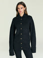 Model wearing Sal Sweater dark knit cardigan with large front buttons and a wide collar thumbnail image 1 of 5