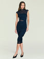 Model wearing navy Tabitha Mesh Ruched Midi Dress with sheer yoke and gathered ruched skirt thumbnail image 3 of 5