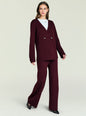 Model wearing burgundy Juna Knit Pant set with wrap front blazer and wide leg pants thumbnail image 5 of 5