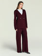 Model wearing burgundy Juna Knit Pant set with wrap blazer style top over a white tee thumbnail image 2 of 5