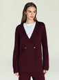 Close up of burgundy knit Susanna blazer with a deep V neckline and two buttons worn with matching bottoms. thumbnail image 1 of 5