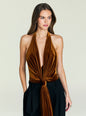 Model wearing Vika Velvet Bodysuit in burnt orange with halter neckline and wrapped front knot thumbnail image 1 of 5