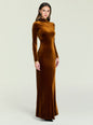 Front-facing view of a model in a rust velvet maxi dress with a high neck and long sleeves. thumbnail image 3 of 5