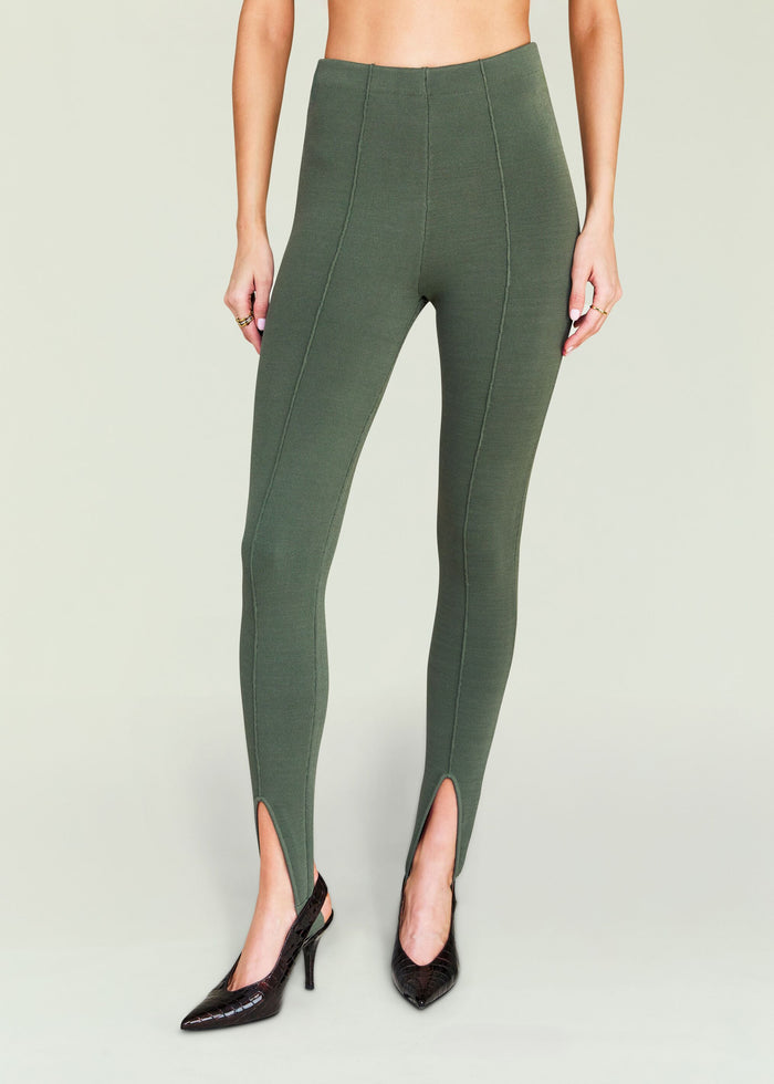 Kelsey Stirrup Legging in olive green with vertical seam panels on the legs