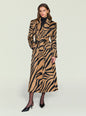 Model wearing a tan and black zebra print Petal Coat with wide lapels and a waist belt. thumbnail image 1 of 5