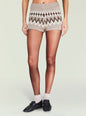 Orly Knit Short beige shorts with brown and white geometric pattern on a model. thumbnail image 1 of 5