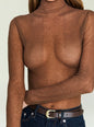 Brown ribbed turtleneck Piper Top close up on a model. thumbnail image 1 of 5
