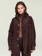 Front view of April Corduroy Shacket worn open over brown turtleneck, belted corduroy pants. thumbnail image 1 of 5