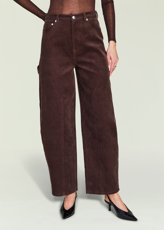 Front view of Fabi Corduroy Pant in dark brown corduroy with belt loops and front pockets.