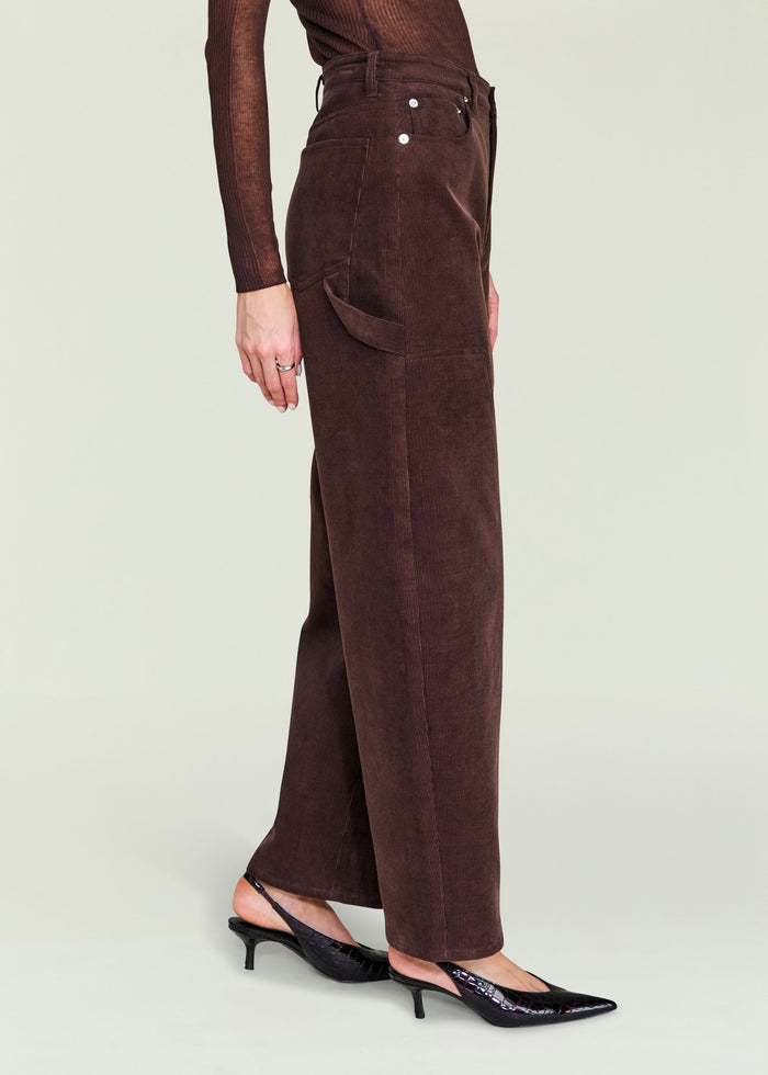 Side view of Fabi Corduroy Pant in brown corduroy showing belt loops and side pocket.